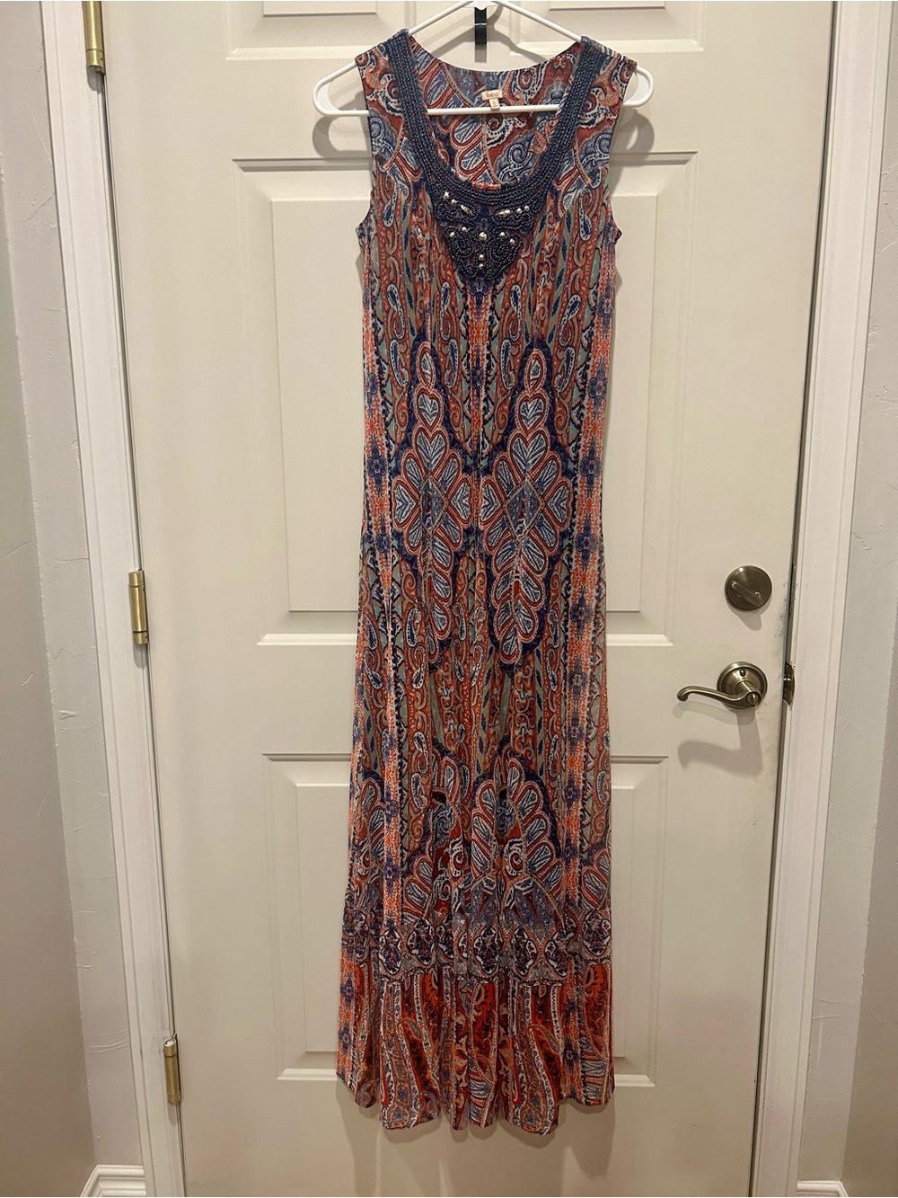 Reba Sleeveless Paisley Maxi Dress in Blue and Rustic Orange